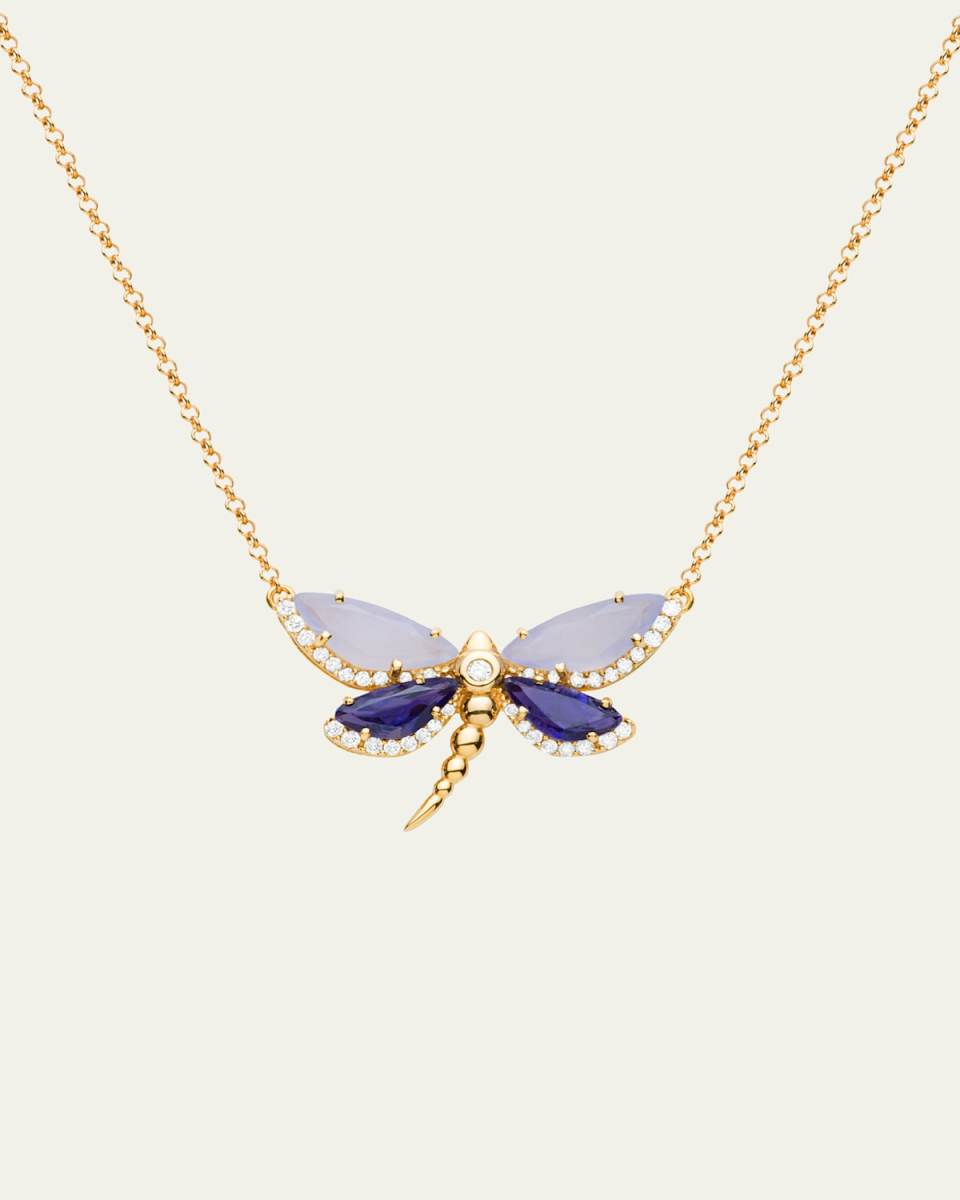 18K Rose Gold Medium Dragonfly Necklace with Chalcedony, Iolite and Diamonds